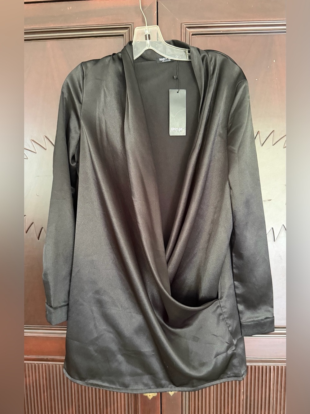 NWT NASTY GAL Classic Black Draped Open-Front Women's Mini Shirt Dress Size 4